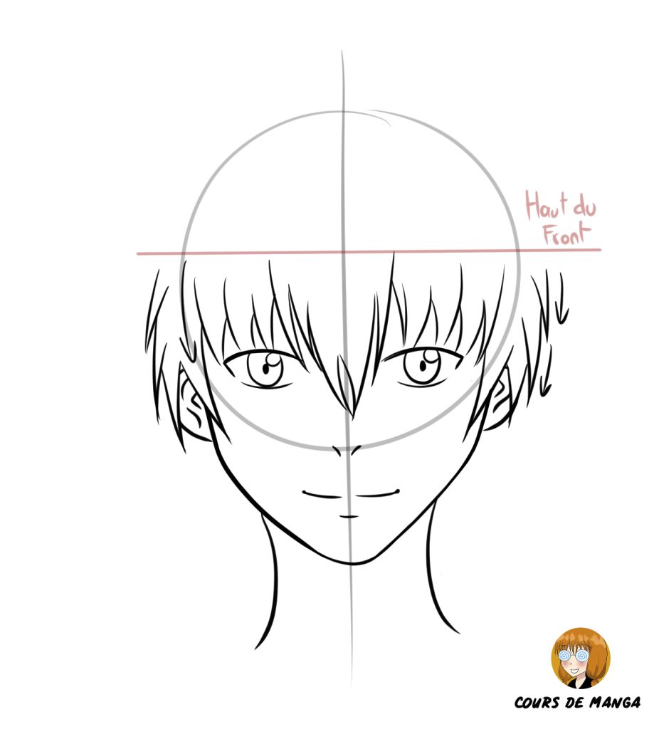 dessiner les cheveux en partant par le haut du front sur le visage garçon manga