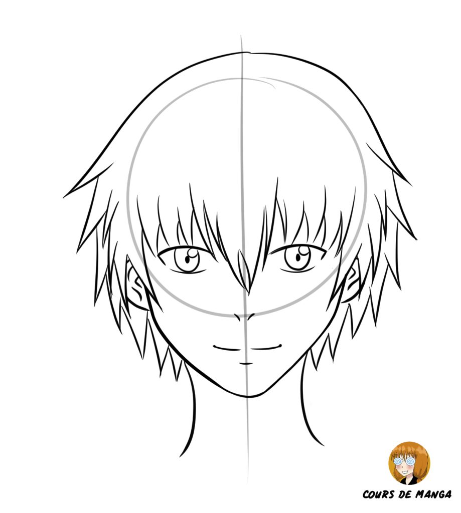 tracer les cheveux tout autour du cercle pour terminer le visage manga de face