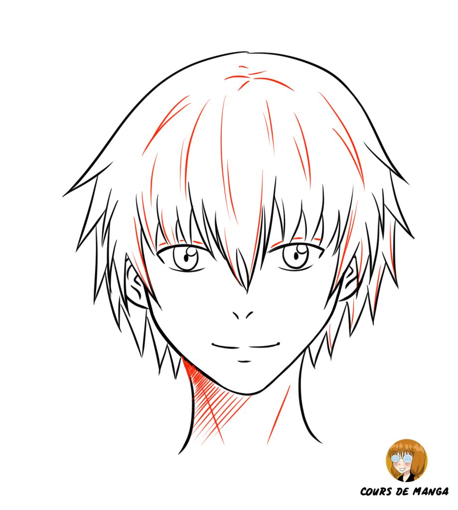 ajouter des détails dans les cheveux et l'ombre du cou sur le visage manga de face garçon