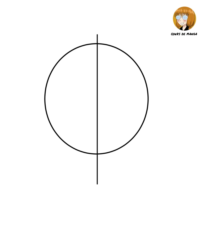 Étape 1 du tuto pour dessiner Nezuko - dessiner le cercle et la ligne verticale pour la structure