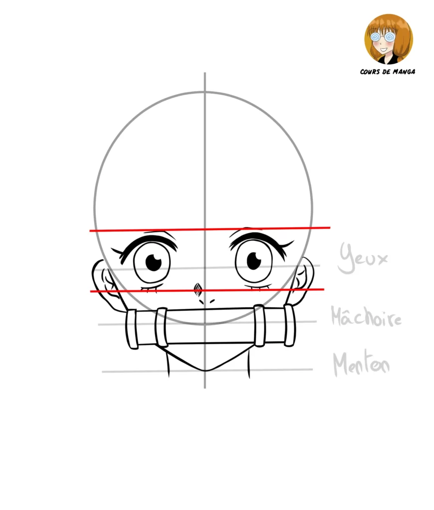Étape 9 du tuto pour dessiner Nezuko - dessiner le deuxième oeil en s'aidant de deux lignes