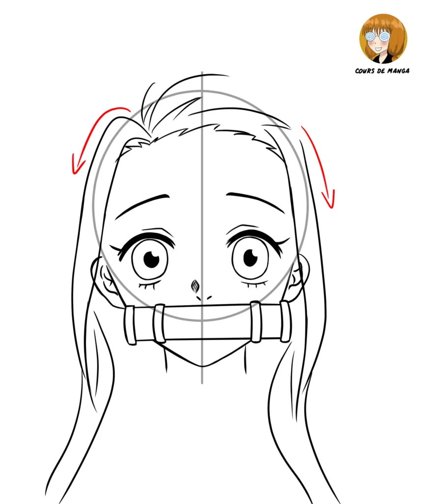 Étape 11 du tuto pour dessiner Nezuko - dessiner de chaque côté du visage des longues mèches passant dessus les oreilles
