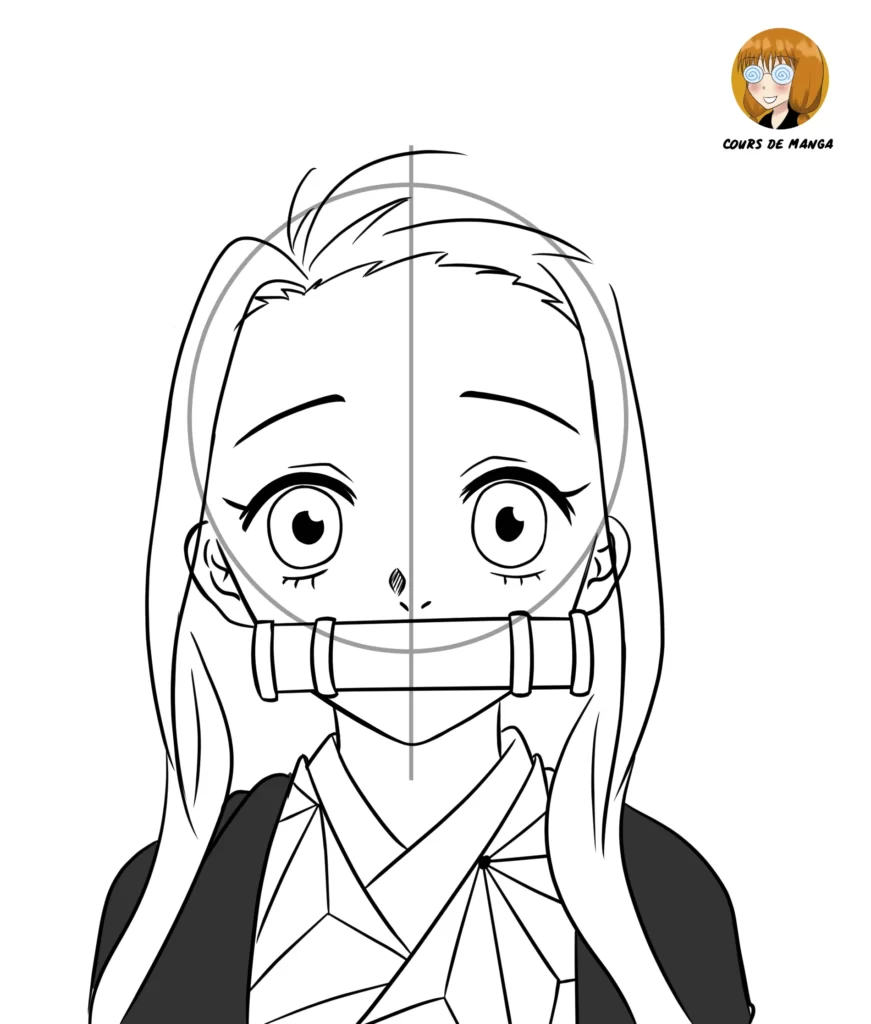 Étape 13 du tuto pour dessiner Nezuko - dessiner les épaules ainsi que les détails du kimono