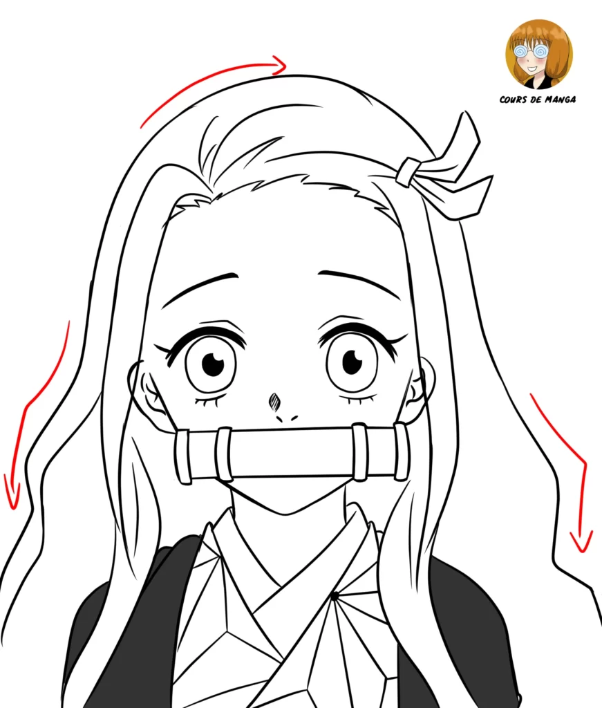 Étape 15 du tuto pour dessiner Nezuko - dessiner le contour des cheveux avec le noeud au dessus du front