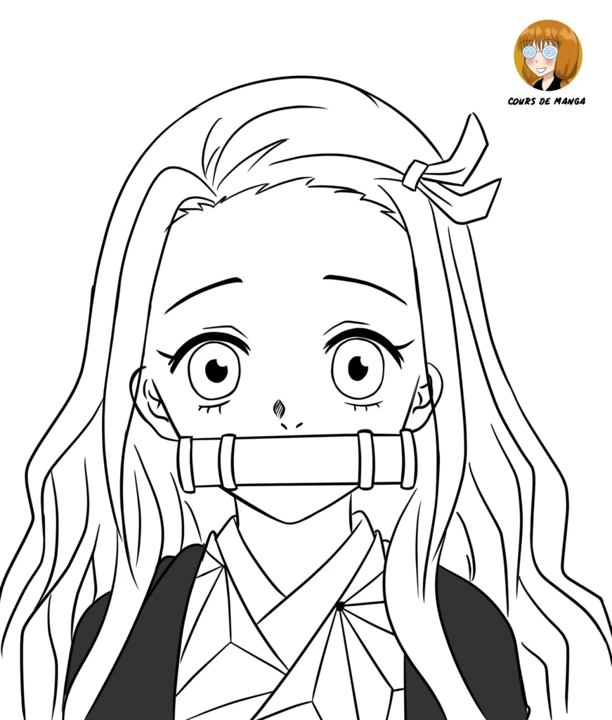 Étape 16 du tuto pour dessiner Nezuko - dessiner les traits à l'intérieur des cheveux et ajouter les sourcils