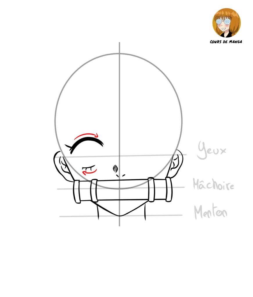 Étape 7 du tuto pour dessiner Nezuko - dessiner l'oeil de gauche en faisant les contours et les cils
