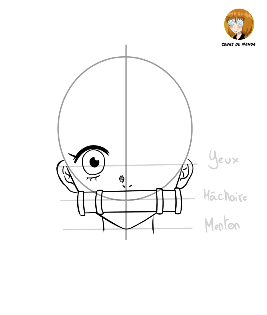 Étape 8 du tuto pour dessiner Nezuko - dessiner la pupille à l'intérieur de l'oeil et des contours